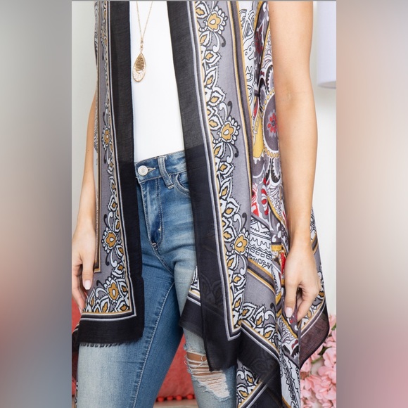 Linen Black Boho Paisley cardigan Bandana Print Longline Vest Size 10 12 14 - Picture 4 of 5